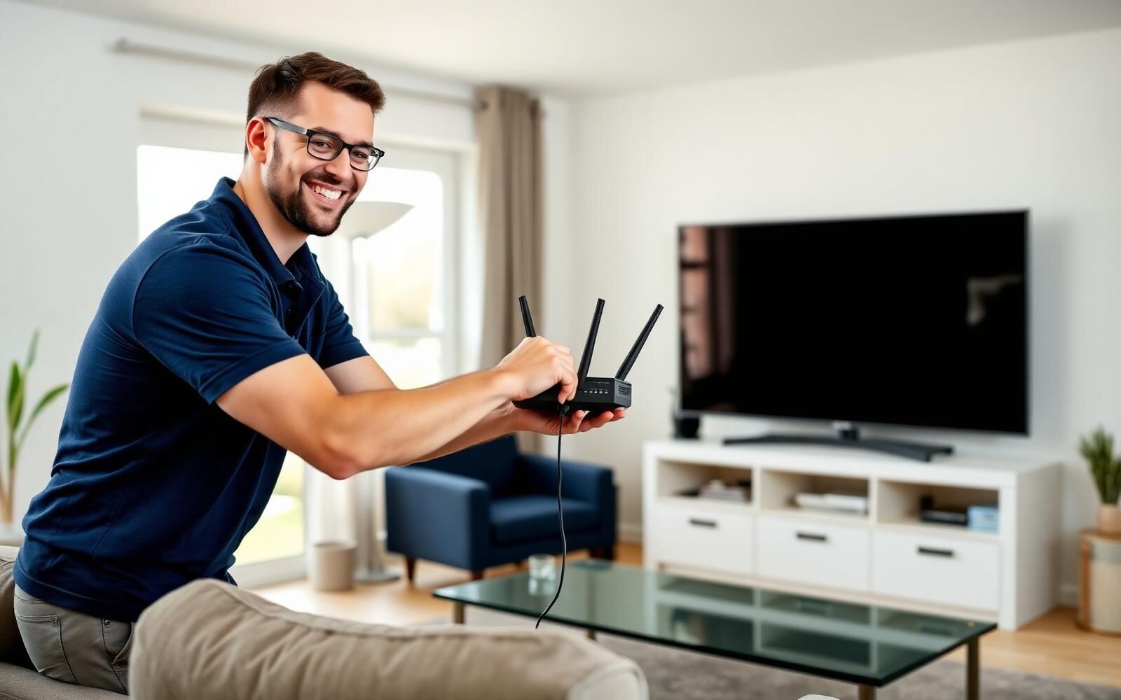 Technician setting up a home router next to a smart TV in a living room