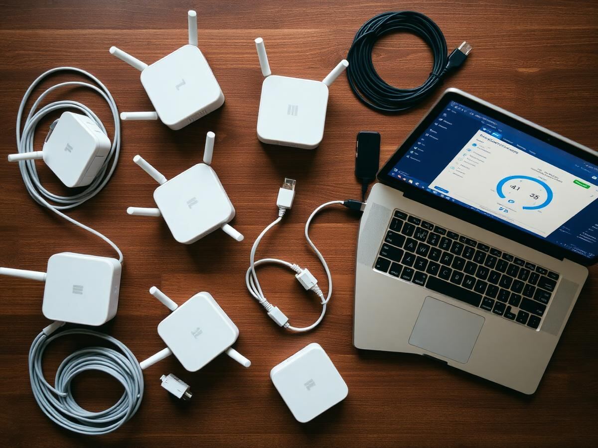 Mesh Wi-Fi nodes, ethernet cables and a laptop running a speed test