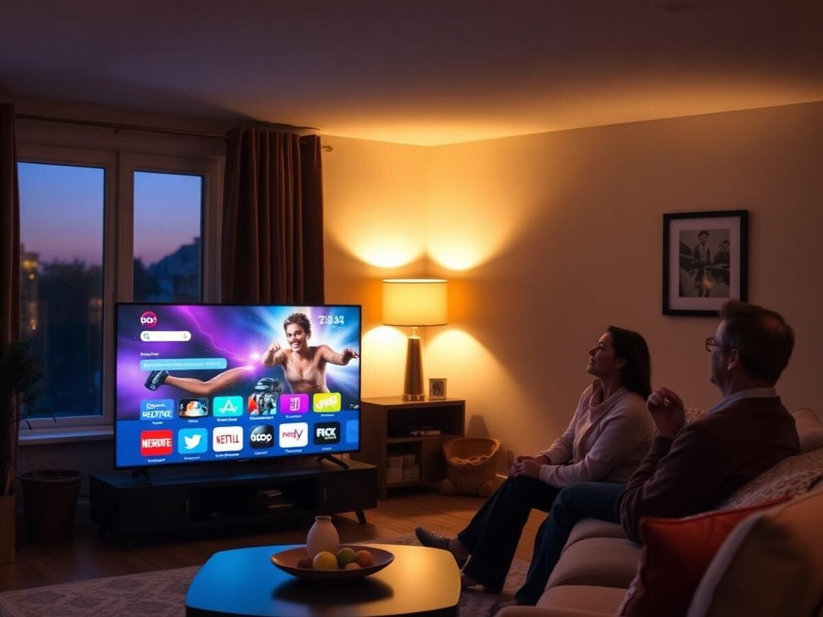 Family watching a streaming app on a smart TV in the evening