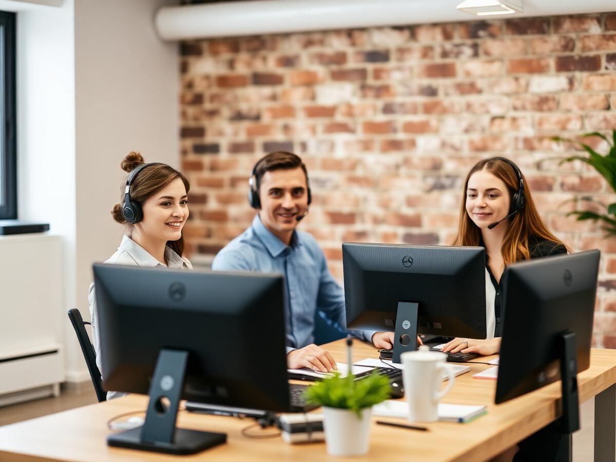 Small support team wearing headsets at their desks